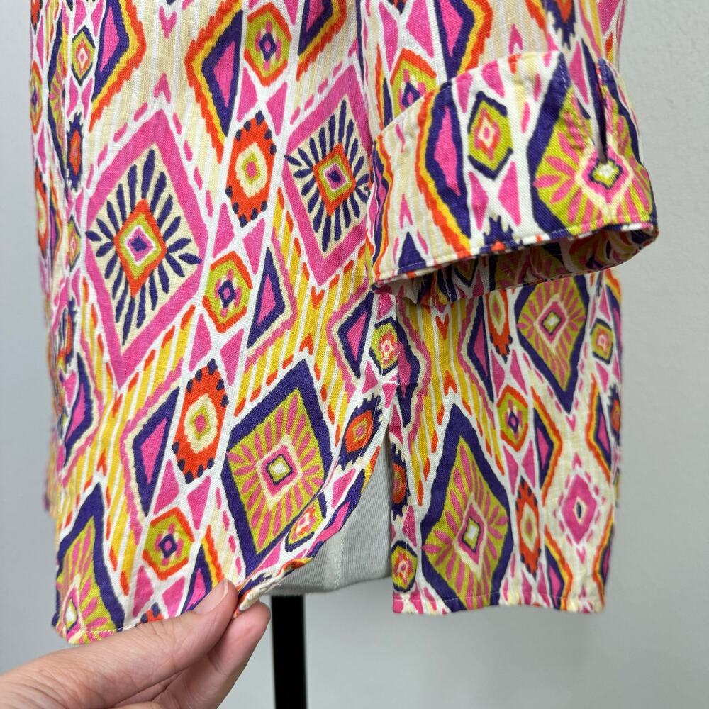 Chico's | Sz 0 Ikat 100% Linen Button-Back No Iron Colorful Button Up Shirt - Picture 10 of 14